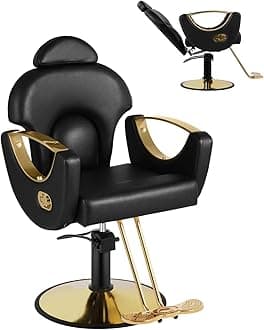 Salon Barber Chair, Reclining Salon Chair for Hair Stylist, Hair Salon Chair with Heavy Duty Hydraulic Pump, 360 Swivel Styling Braiding Hairdresser Chair for Home Barbershop, Black Gold