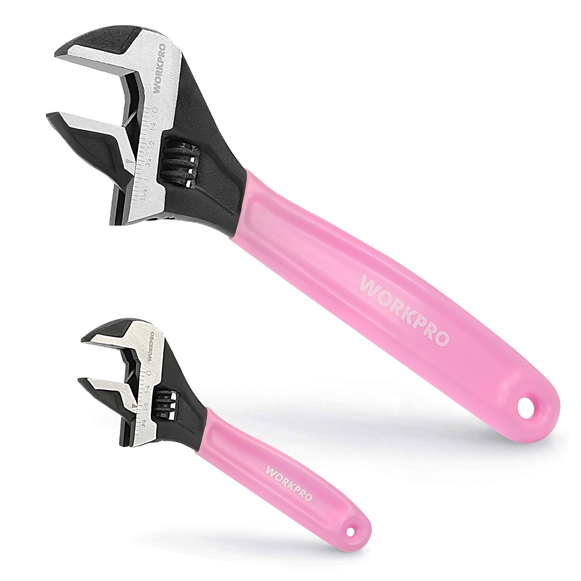 WORKPRO 2-piece Pink Adjustable Wrench Set, 6-Inch & 10-Inch Wrenches, Wide Jaw Black Oxide Wrench, Metric & SAE Scales, Cr-V Steel, for Home, Garage, Workshop-Pink Ribbon