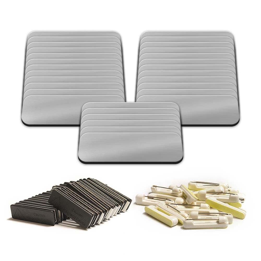 Blank Name Tag with Pin Fasteners 25pk Kit Includes Magnet | Plastic Name Tags with 1" x 3"Rounded Finished Corners - (Shiny Silver and Black)