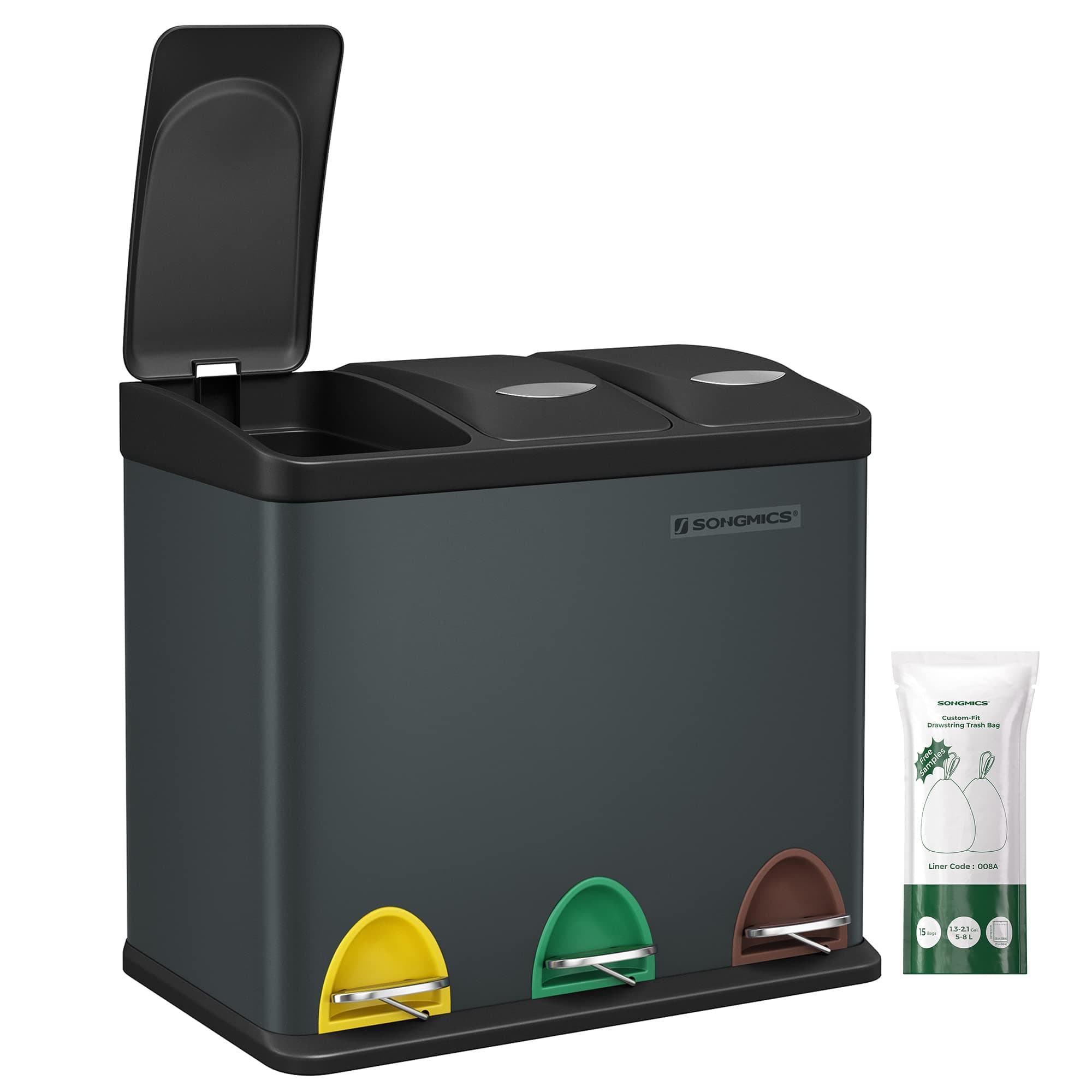 LTB24GS 3 x 8L Small Volume Kitchen Waste Bin with Lids Triple Steel Bin for Small Families Pedals and Buckets Easy to Clean, Greenish Grey and Black LTB24GS