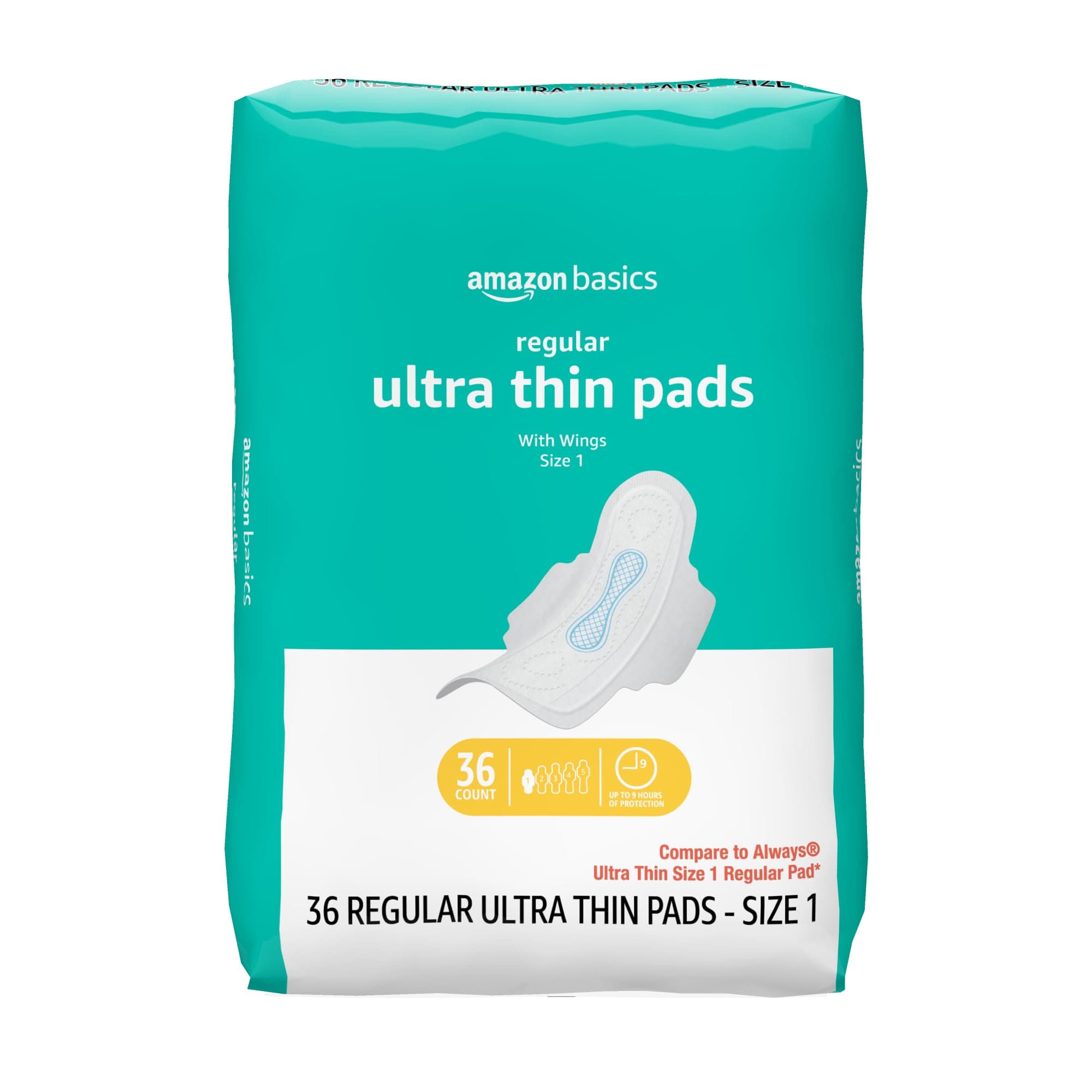 Regular Absorbency Feminine Pads for Women, Ultra Thin with Flexi-Wings, Unscented, Size 1, 8-Hour Protection, Leak Prevention, 36 Count