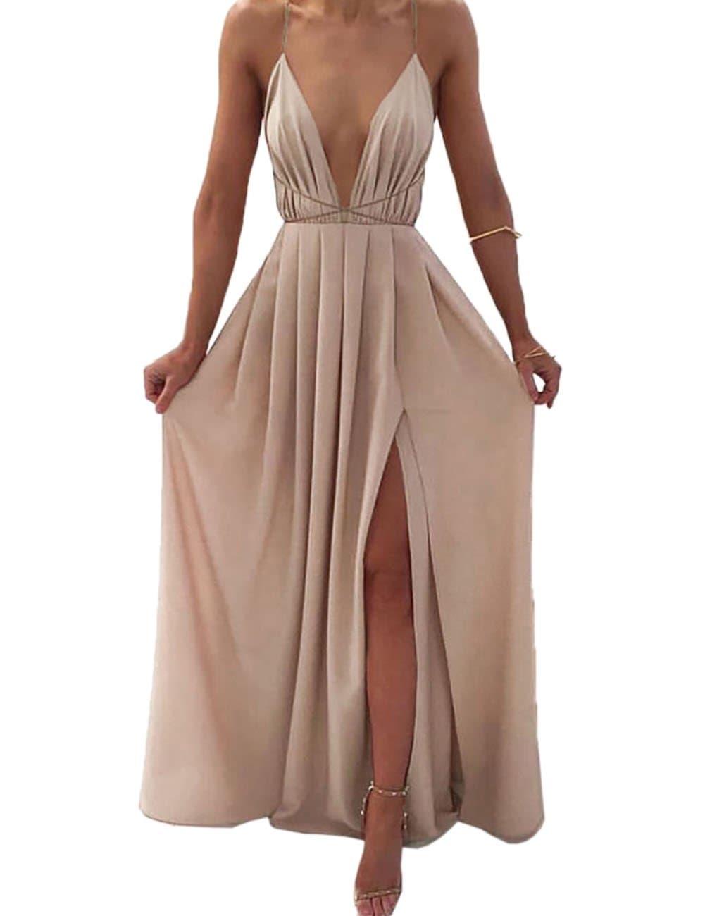 VintageRose Womens Chiffon Spaghetti Strap Deep V Neck High Slit Maxi Dress,Khaki,large