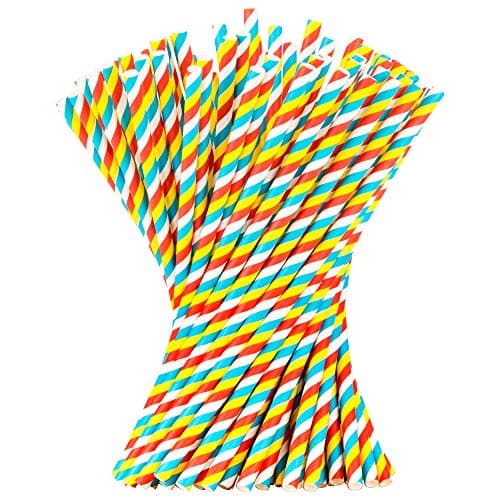 Biodegradable Paper Straws Red Yellow Blue - Compostable Drinking Decorative Striped Straw Set of 100. For Party Christmas Birthdays Baby Shower Holidays Crafts Bridal Shower - Bulk Disposable Staws