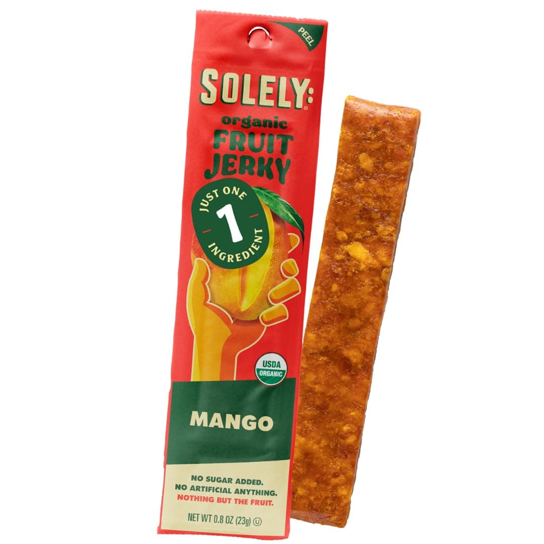 SOLELY - Organic Mango Fruit Jerky - 1 Individually Wrapped Fruit Strip - Fruit Leather Made from Dried Fruit - Healthy Snacks for Adults & Kids - Non GMO, Vegan Snacks, Shelf Stable - 0.8oz (23g)