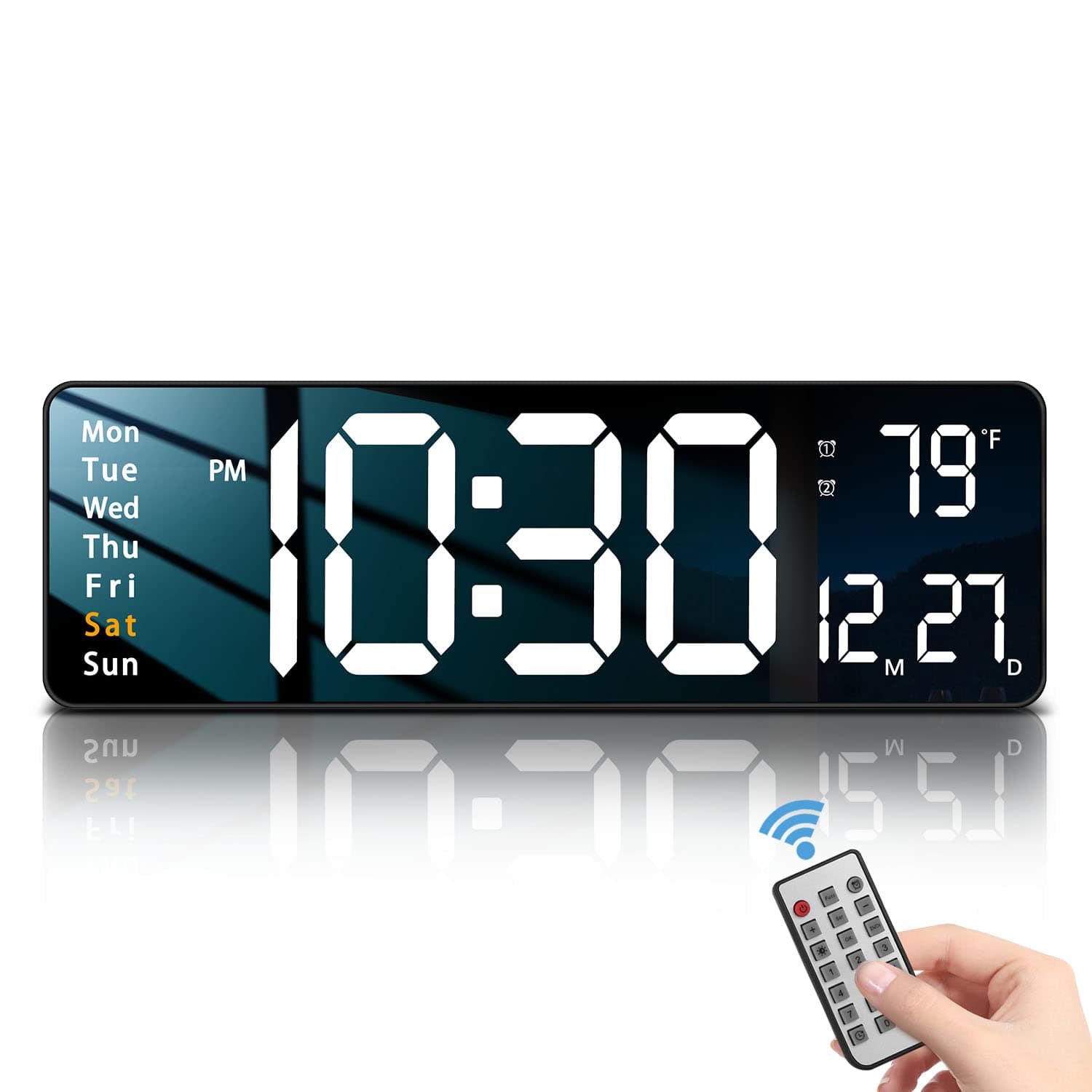 JoFomp Modern 16" Large Digital Wall Clock with Remote Control, LED Display, Auto-Dimming, Countdown, Temperature, Calendar - 12/24Hr Format - Silent Wall Clock for Home, Office, or Gym Use (White)