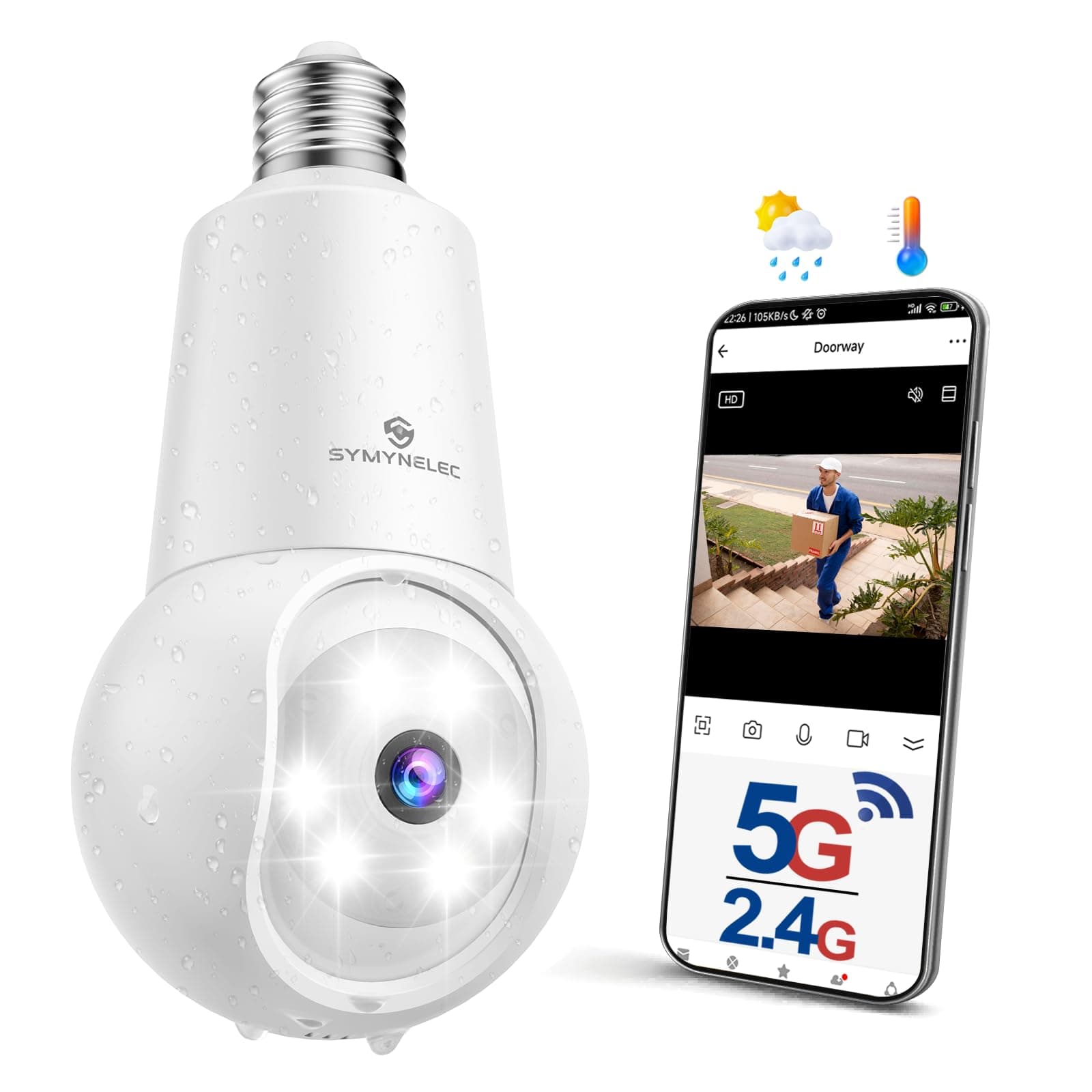 SYMYNELEC Light Bulb Security Camera: 5G WiFi Socket Camera Outdoor - Wireless Lightbulb Camera Waterproof for Home with Night Vision Motion Detection