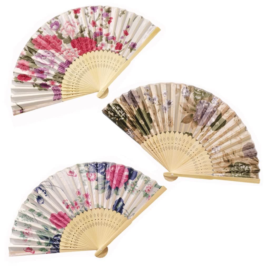 3 Pcs Floral Printed Folding Hand Fan, Handheld Classical Delicate Hollowed Bamboo Fans for Dancing, Decorative Hand Holding Fans for Wedding Party Favors Gift Wall Hanging Decoration