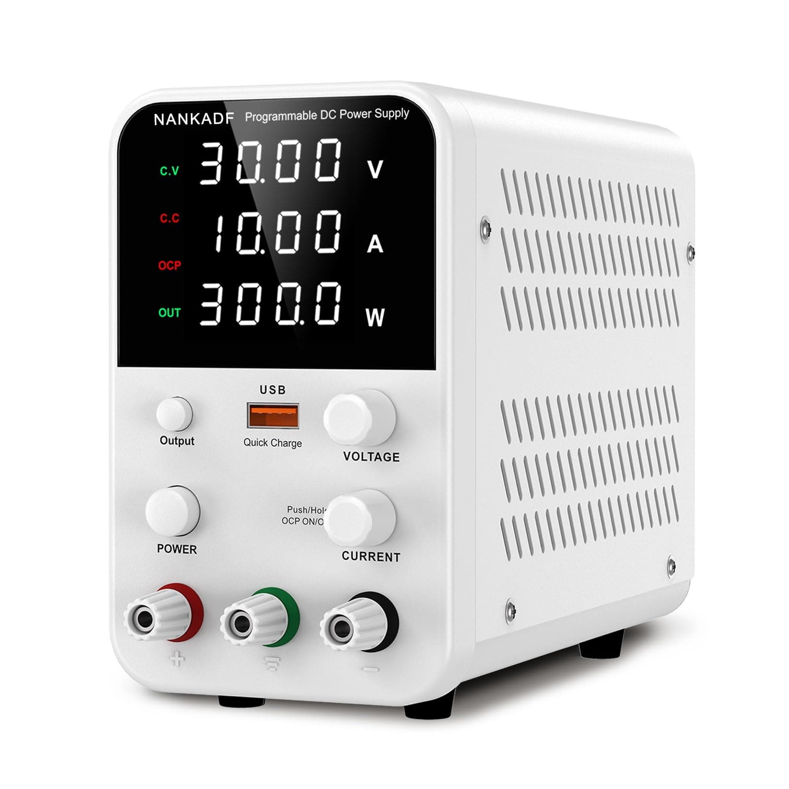 DC Power Supply Variable, Bench Power Supply with Encoder Adjustment Knob, Output Enable/Disable Button, Adjustable Power Supply with USB Quick-Charge, Short Circuit Alam (30V 10A White)
