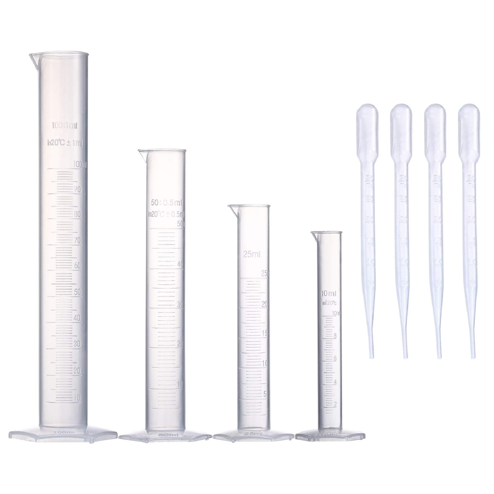 Measuring Cylinder Set, 4 Sizes Graduated Polypropylene Lab Test Tubes in 100 ml, 50 ml, 25 ml, 10 ml for Laboratory, Science Experiments with 4 Plastic Droppers in 3 ml