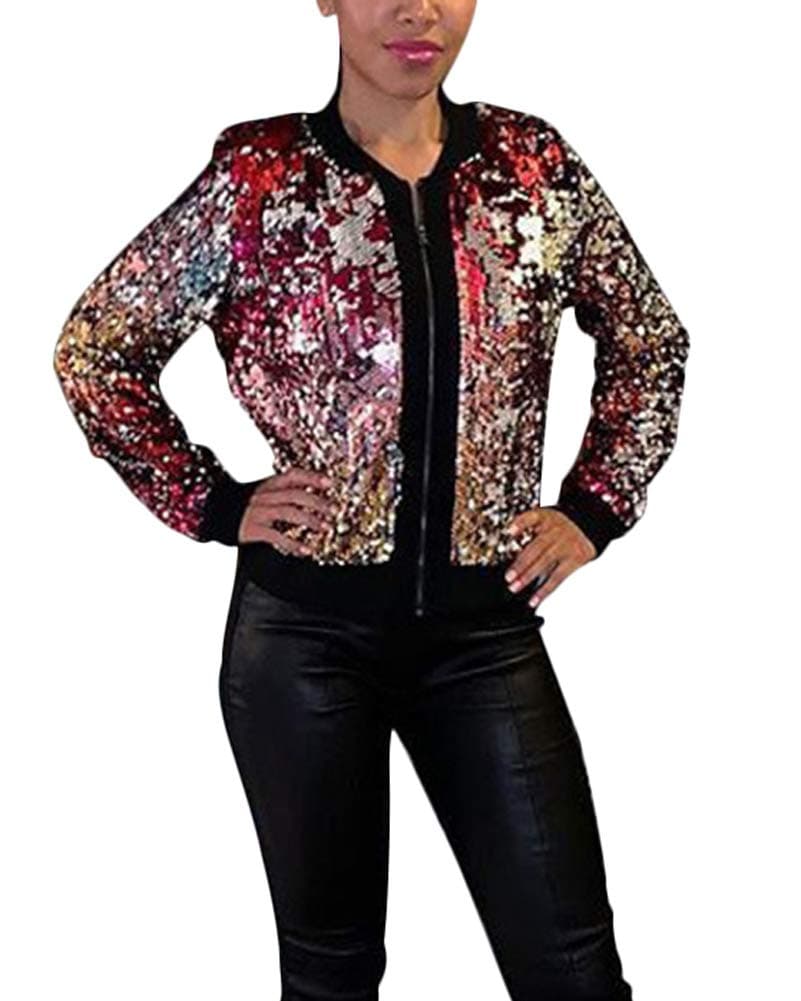 Women's Sequin Bomber Jacket - Lightweight Zip Up Blazer Sequence Outfit Shiny Disco Jacket Glitter Top Purple
