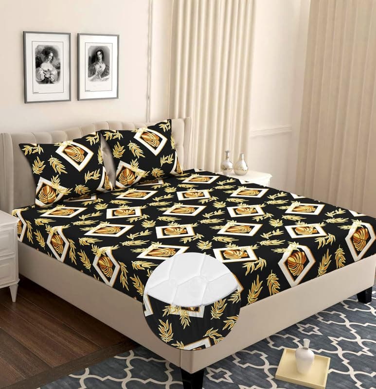 BSB HOME Glace Cotton Elastic Fitted Bedsheets with 2 Pillow Covers Double Bed All Around Elastic Sheet Leaf Print Size - 72 x 78 +10 inches, Black 180 tc - 200 tc