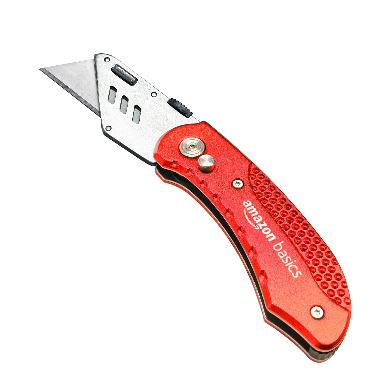 Amazon Basics Durable Folding Utility Knife with Aluminum Body, Red