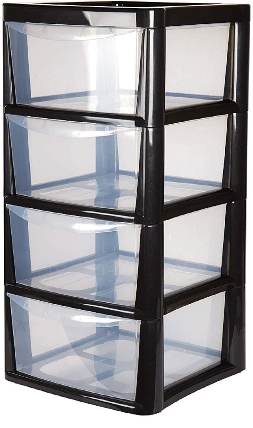 4 Drawer Large Plastic Storage Drawer Tower Perfect for Schools, Offices and Children's Toys Storage Solution (Black)