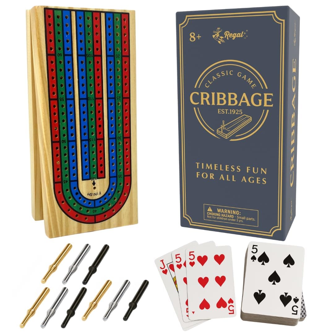 Regal Games Cribbage Board Game Set w/Storage - Fun Table Game with Wooden Board for Adults & Kids - 9 Metal Pegs, Deck of Playing Cards & 2-4 Player Games - Ideal for Game Night, Travel (Ages 8+)