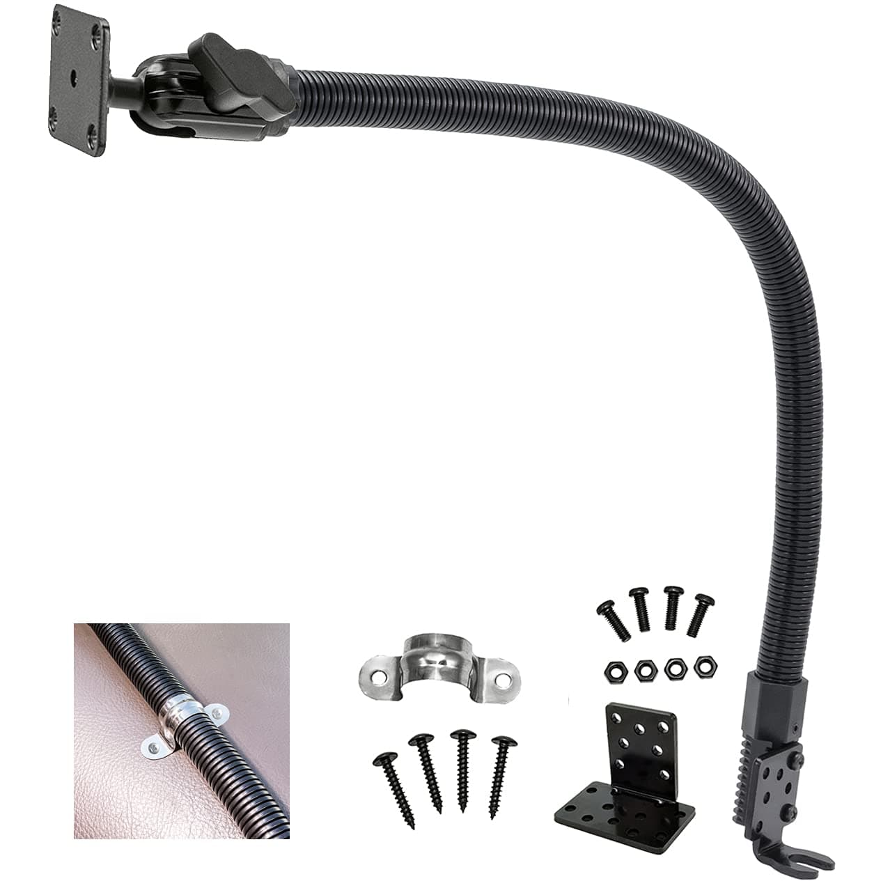 24“ Adjustable 4 Hole AMPS Pattern Replacement Car Truck Seat Rail Floor Mount w/24 Gooseneck for SiriusXM Satellite Radio/ICOM Yaesu CB Ham Radio & Garmin ZUMO XT Rigged Mount GPS