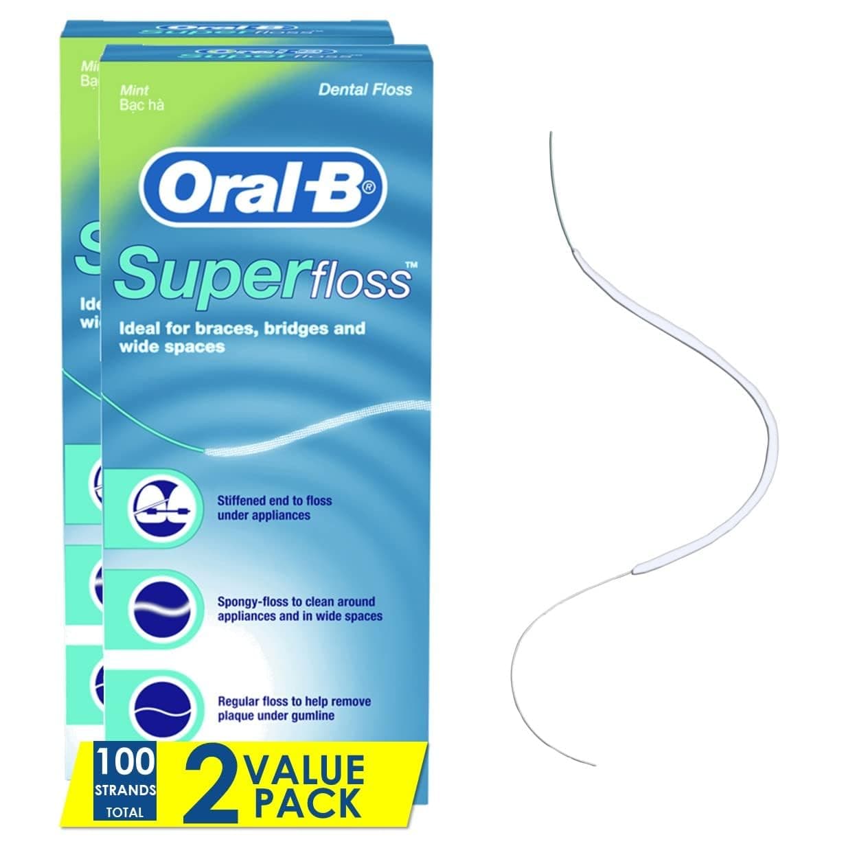 Oral-B Super Floss Pre-Cut Strands, Mint, 50 Count Twin Pack