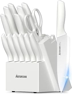 Astercook Knife Set for Kitchen 15 Piece with Block and Sharpener Kitchen Knives with Ceramic Coating Sharp Blade Dishwasher Safe Knife Block Set with Anti-slip Ergonomic Handle, Elegant White