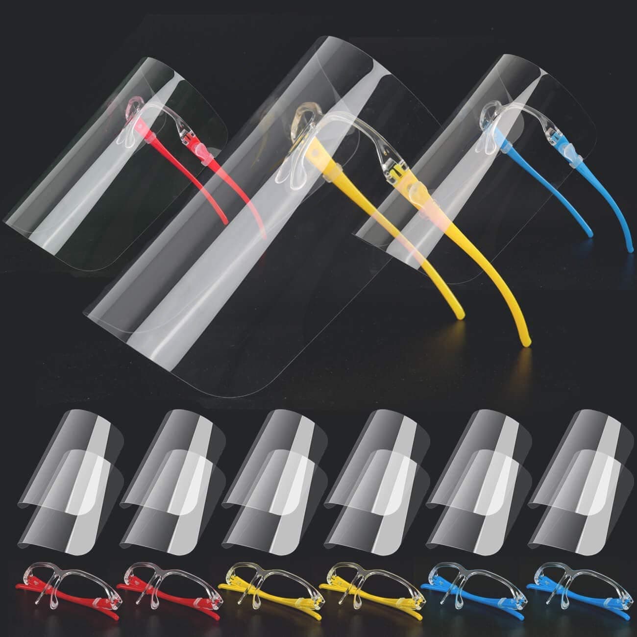 12 Replaceable Anti Fog Shields and 6 Reusable Glasses Plastic Adjustable Transparent Face Visor Resistant to Prevent Saliva, Oil Fume, Spitting Anti-Fog Lens for Daily activities and Working_Shields