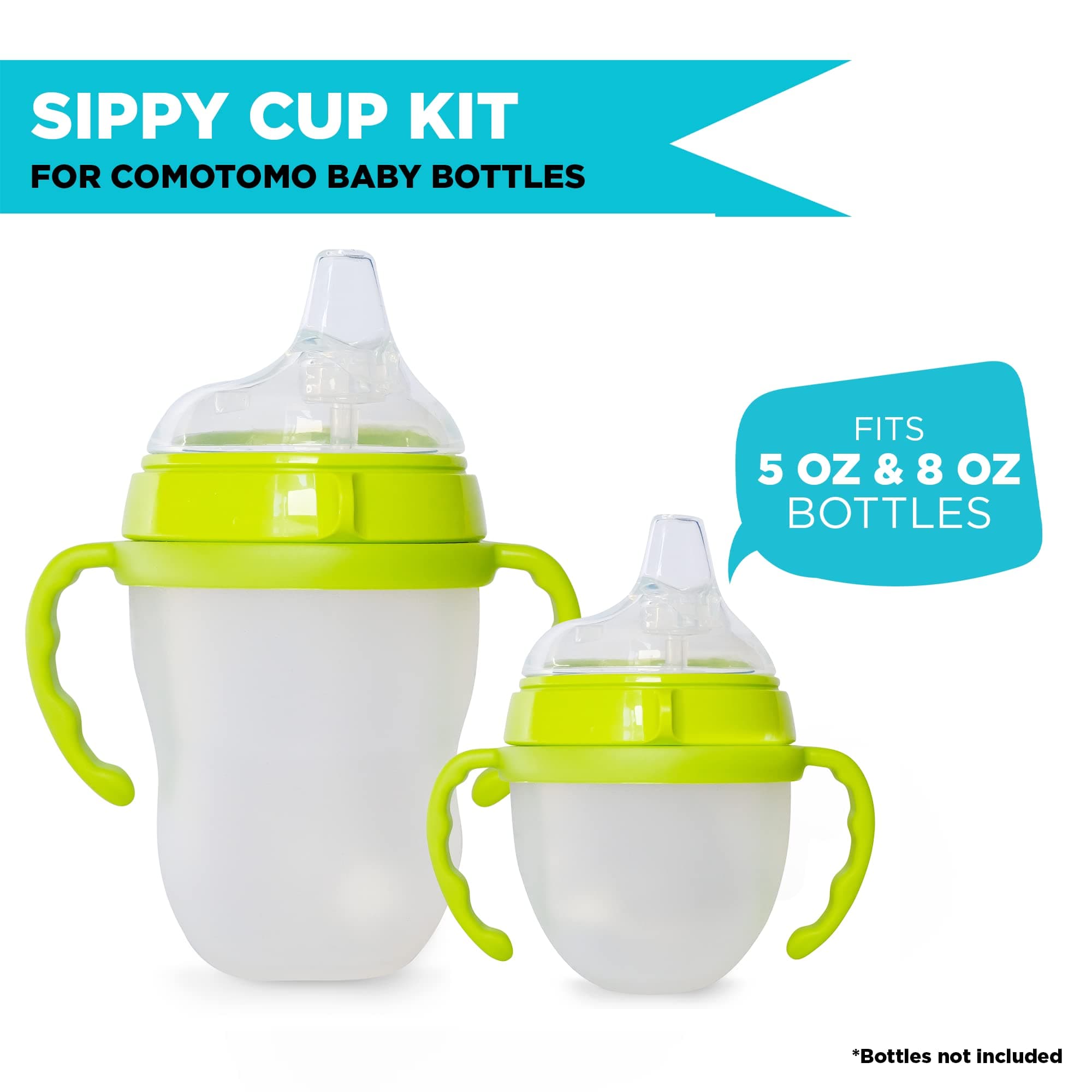 Botabee Soft Spout Transition Sippy Cup Kit for Comotomo Baby Bottles | Conversion Kit Fits 5 Ounce and 8 Ounce Bottles | Sippy Cup Baby Bottle with Weighted Straw and Bottle Handles (2 Pack, Green)