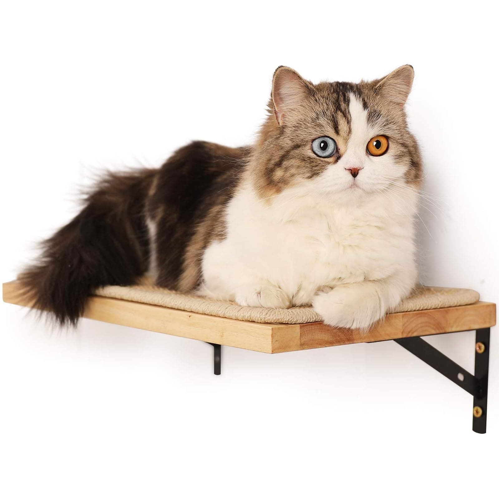 Floating Wall Shelf with Cat Scratching Mat, 2cm Thick Solid Rubber Wood Hanging Shelves, 40 x 25 cm