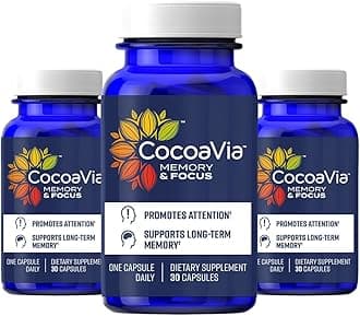 - CocoaVia Memory & Focus Brain Supplement, 90 Day, Cocoa Flavanol Blend, Lutein, Added Caffeine for Boost. Improve Cognitive Function, Attention, Vegan & Plant Based, 90 Capsules