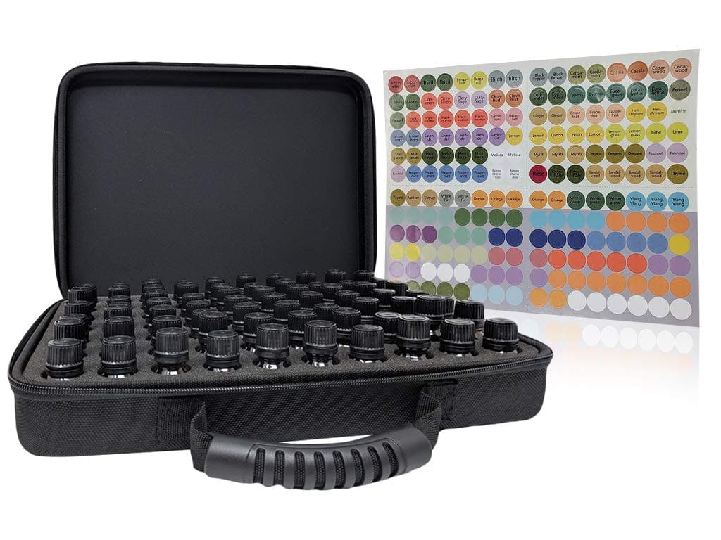 Essential Oils Carrying Case - Hard Shell Travel Case Perfect for Essential Oil Storage - Comes with Labels, Foam Insert, Carrying Handle (70 Bottles, Black)