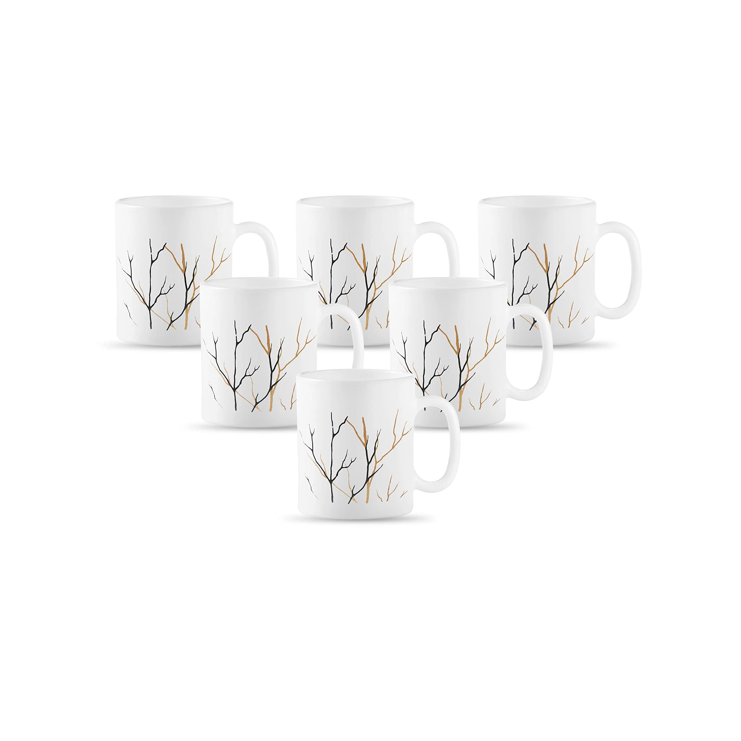 La Opala Diva, Opal Glass Coffee Mug Set Cylinder Regular 6 Pcs, Golden Fall, White, Standard - 180 Ml