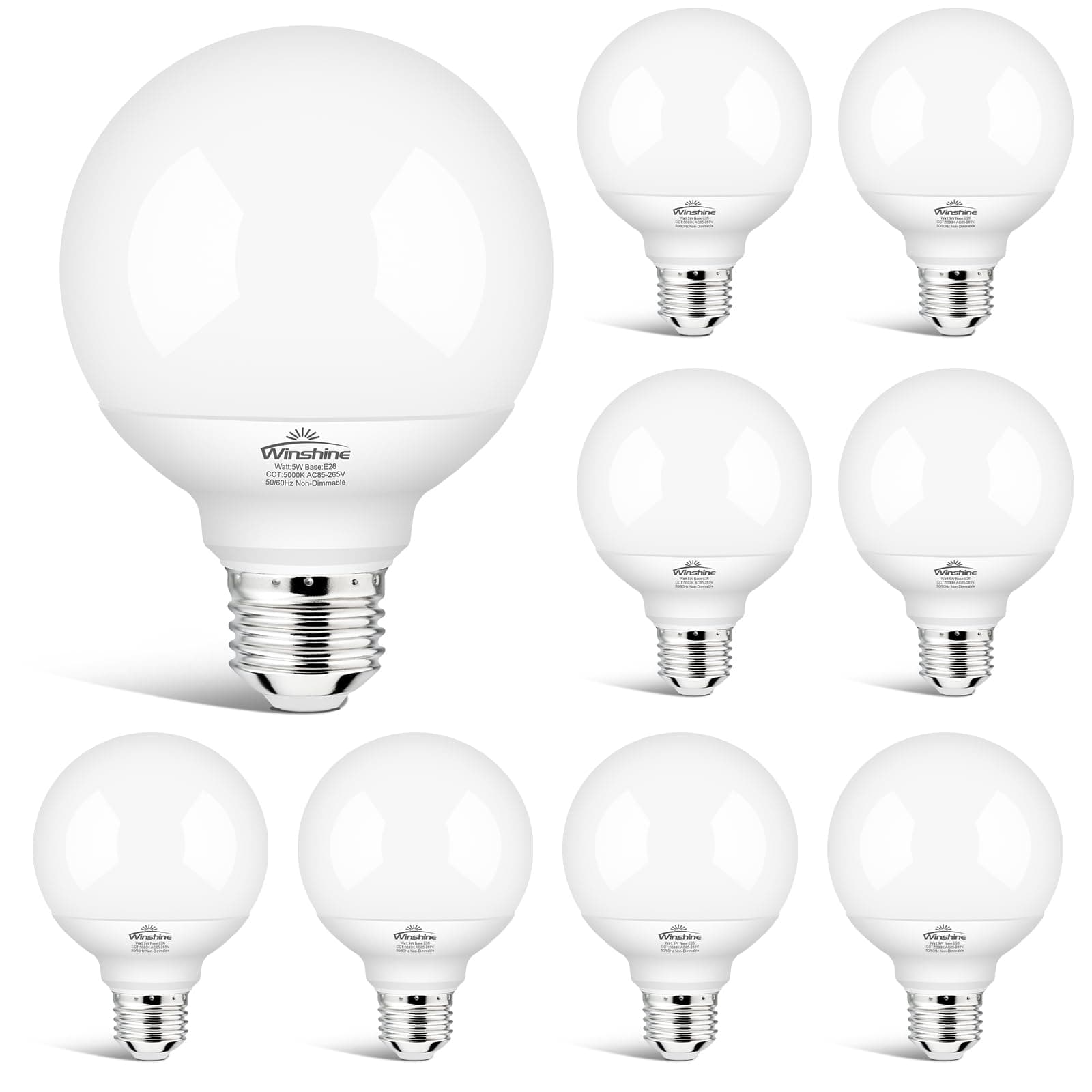 winshine G25 Globe Light Bulbs, 8 Pack LED Vanity Light 5000K Daylight for Bathroom Vanity Makeup Mirror, LED Bedroom Lights E26 Medium Screw Base 5W 60W Equivalent,500LM, Non-dimmable