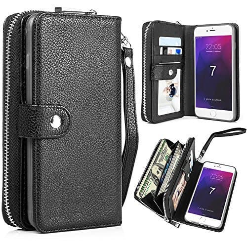 PASONOMI iPhone 8 Case, iPhone 7 Zipper Wallet Case, PU Leather Protective Shell Detachable Folio Flip Holster Carrying Case with Strap and Card Holder for iPhone 8/7 4.7 inch (Black)