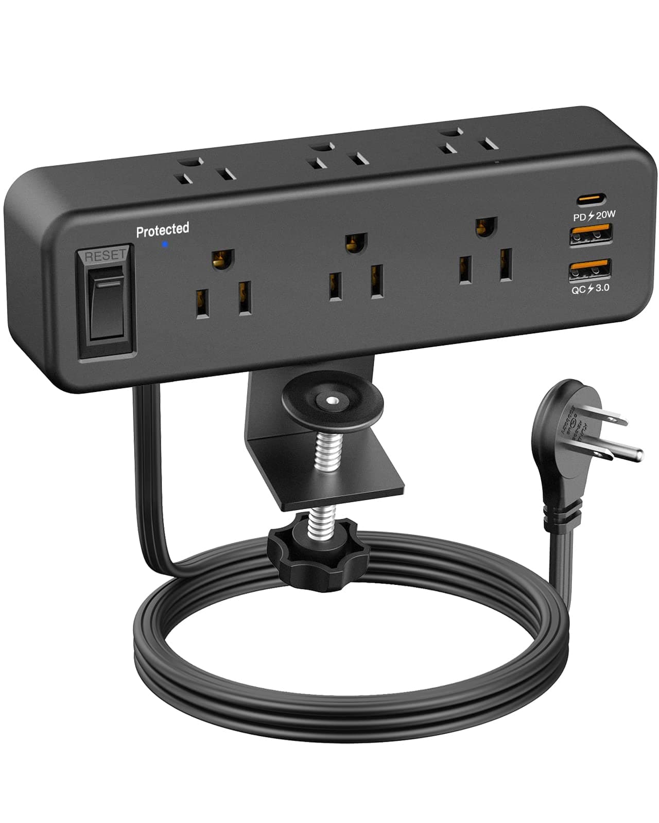 PAEWOK Computer Power Strip with PD 20W USB-C, 6 Sockets, Table Mount, Surge Protection, Black