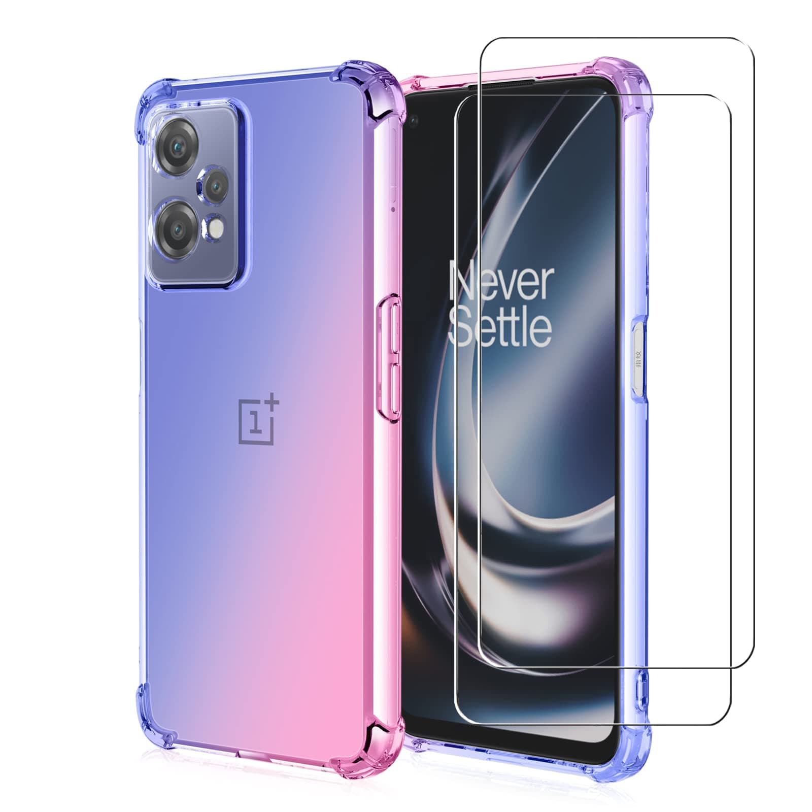NA [1+2] Case for OnePlus Nord CE 2 Lite 5G, with Tempered Glass Screen Protector [2 Pcs], Clear Gradient Soft TPU Bumper Slim Anti-Scratch Protective Cover (OnePlus Nord CE 2 Lite, Blue/Pink)