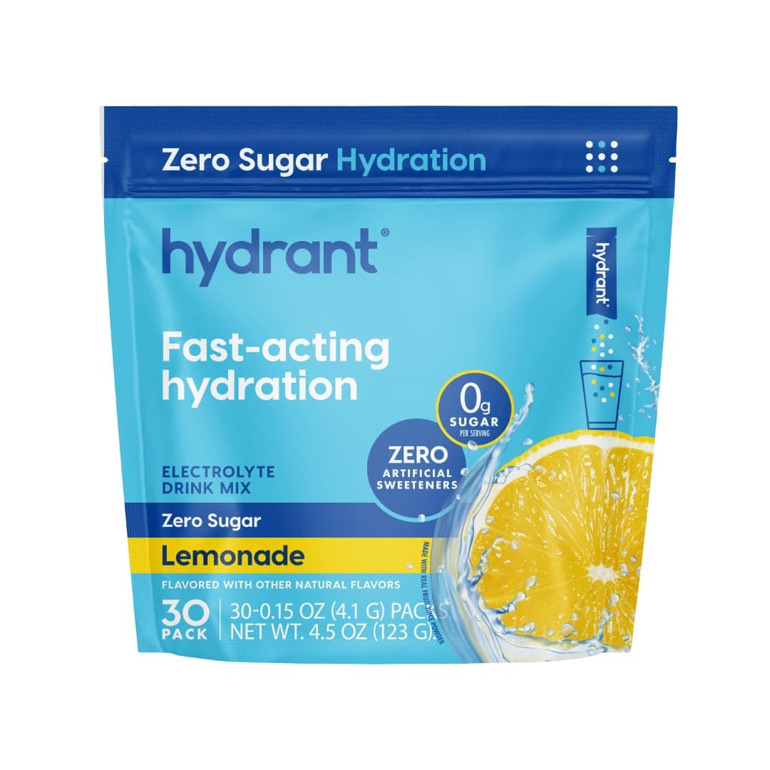 Hydrate No Added Sugar, Individual Hydration Electrolyte Powder Stick Packets with Zero Sugar and Electrolytes for Rapid Hydration (Lemonade, 30 Count)