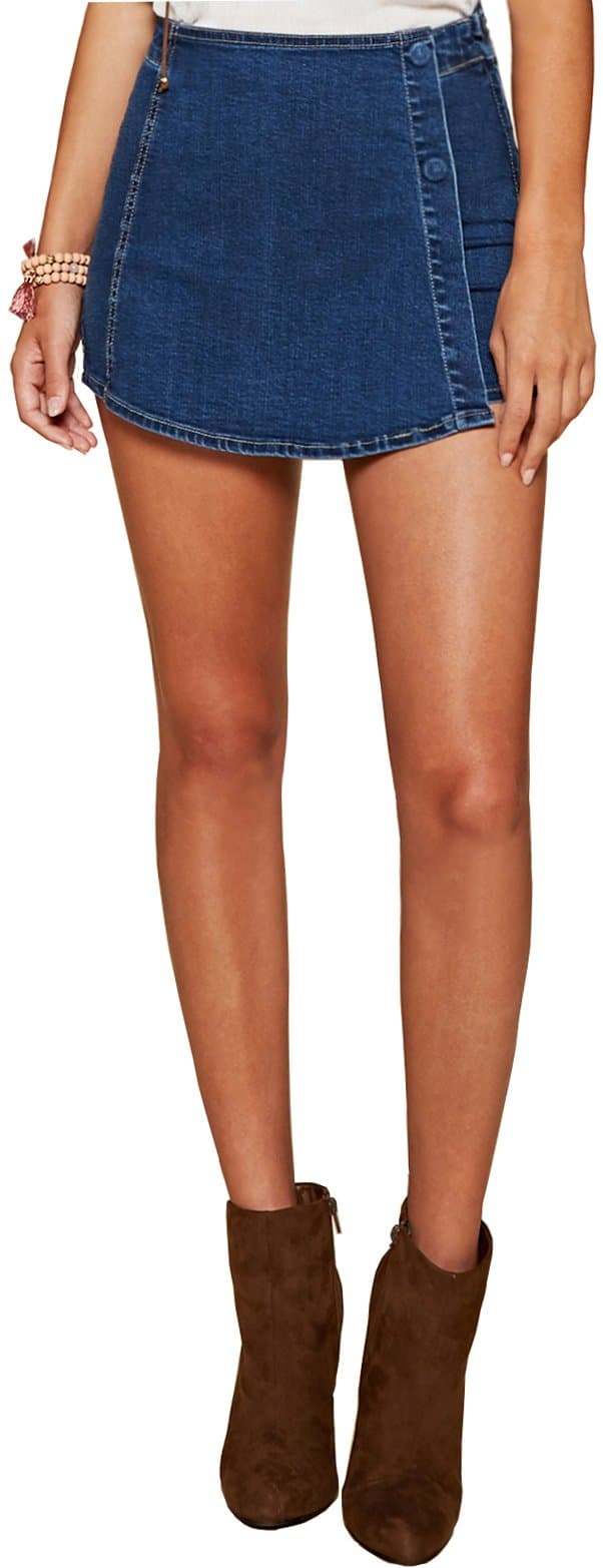 Trend Director Women's Boho Blue Denim Side Buttons Closure High Waisted Mini Denim Skorts/Wrap Skirt Shorts