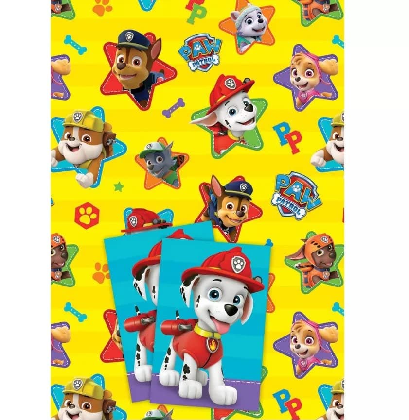 Paw Patrol Gift Wrap 2 Sheets And 2 Gift Tags, Multi-colored, 70cm x 50cm, Children's Birthday, Christmas, Any Child-Related Occasion
