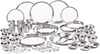 Neelam Stainless Steel Classic Dinner Set, Solid 50 Pcs Set Serving 6 People, Silver, Durable, Dishwasher Safe, Ideal Gifting Dinner Set for Anniversary, Wedding, Housewarming Party, Easy to Clean