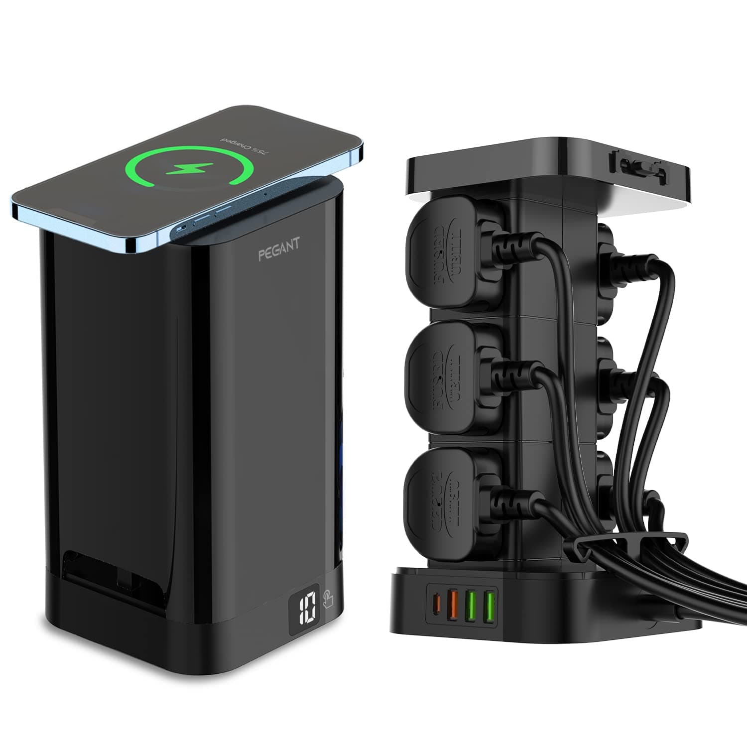 PEGANT 3-in-1 USB-C Tower Power Extension Lead Cord with 15W Wireless Charger, 4 USB and Elegant Power Cord Organizer Box, 6 Gang UK Outlet Strip, 1x 30W USB-C PD3.0 & 2x USB-A, 1x 18W QC3.0, 2M Cable