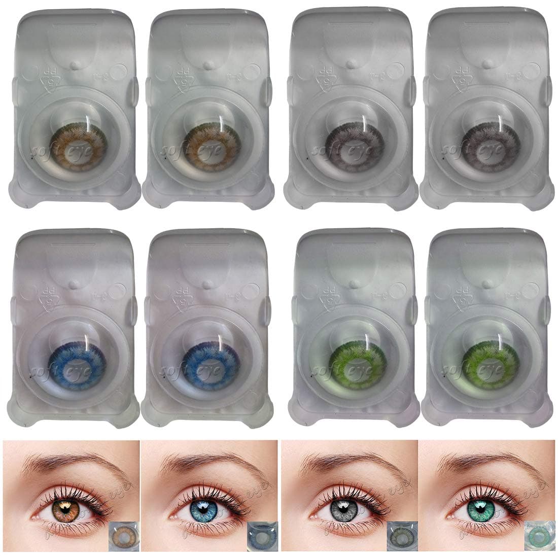 Diamond Eye Monthly Disposable Colored Lenses with Case & Solution (Grey, Brown, Turquoise & Blue, Pack of 4) | Zero Power Lenses Only