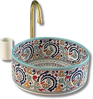 Handmade Countertop Ceramic Wash Basin Sink, Floral Sink Bowl, Hand Painted Above Counter Vanity Vessel Sink, Farmhouse Bathroom Ceramic Basin with 2 Gifts (14"= 35cm)