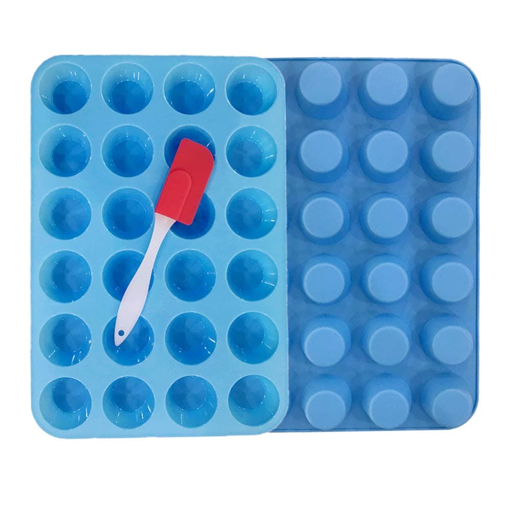 24 Cup Silicone Muffin Mini Cupcak Reusable Tope Baking Pan Set Non Stick cake molds/Dishwasher - Microwave Safe (blue/2pack)