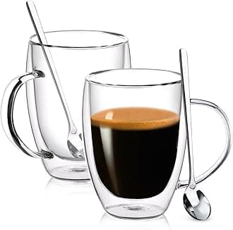 Double Wall Glass Coffee Mugs, 12 Oz Clear Coffee Mugs with Handle, Insulated Glass Coffee Mugs Set of 2, Perfect for Espresso, Cappuccino, Latte, Americano, Tea Bag, Beverage
