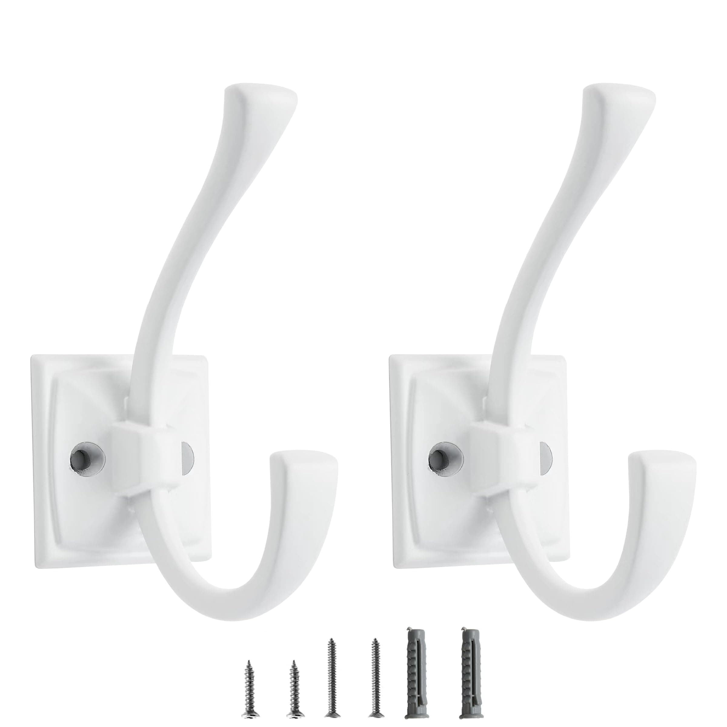 2 Pack Decorative Heavy Duty Towel Hooks for Hanging Robe Double White Coat Hooks Wall Mounted with Screws for Key, Towel, Bags, Cup, Hat