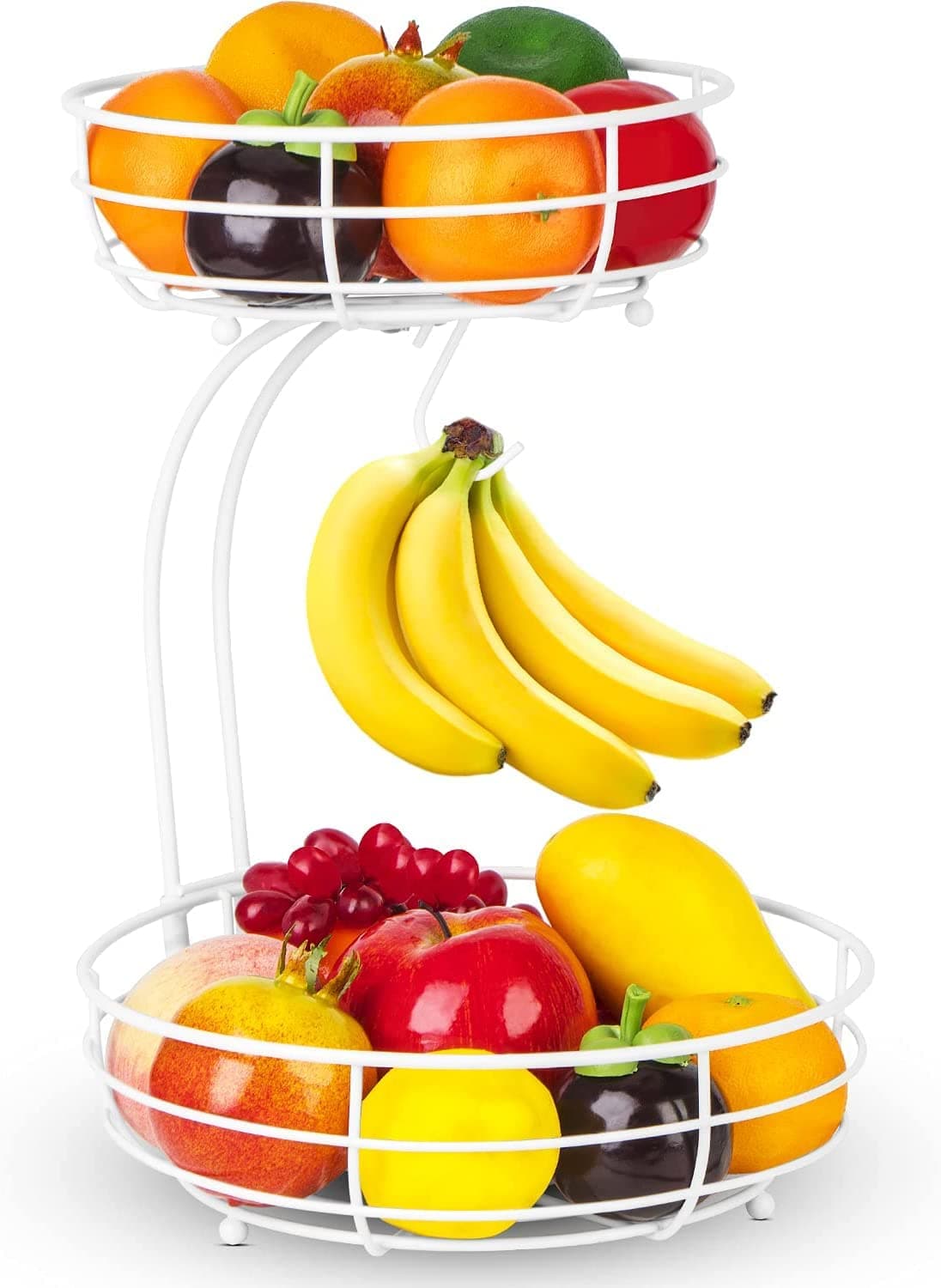 MutoolFruit Racks, 2-Tier Fruit Basket with Banana Hanger, Kitchen Countertop Fruit Bowl, Metal Fruit Vegetables Bowls Perfect for Holding Fruit, Vegetables, Snacks, Cupcakes (White)