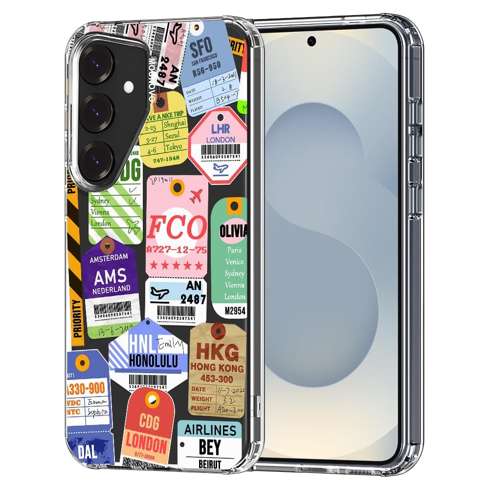 MOSNOVO Case for Samsung Galaxy S25 / Galaxy S24, [Buffertech 6.6ft Military-Grade Drop Protection] [Anti Peel Off Tech] Clear TPU Bumper Phone Case Cover Design - Air Ticket Labels