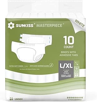 SUNKISS Masterpiece Adult Diapers with Ultimate Absorbency, Unisex Disposable Incontinence Briefs with Tabs for Women and Men, Odor Control, Overnight Protection, White, L/XL, 10 Count