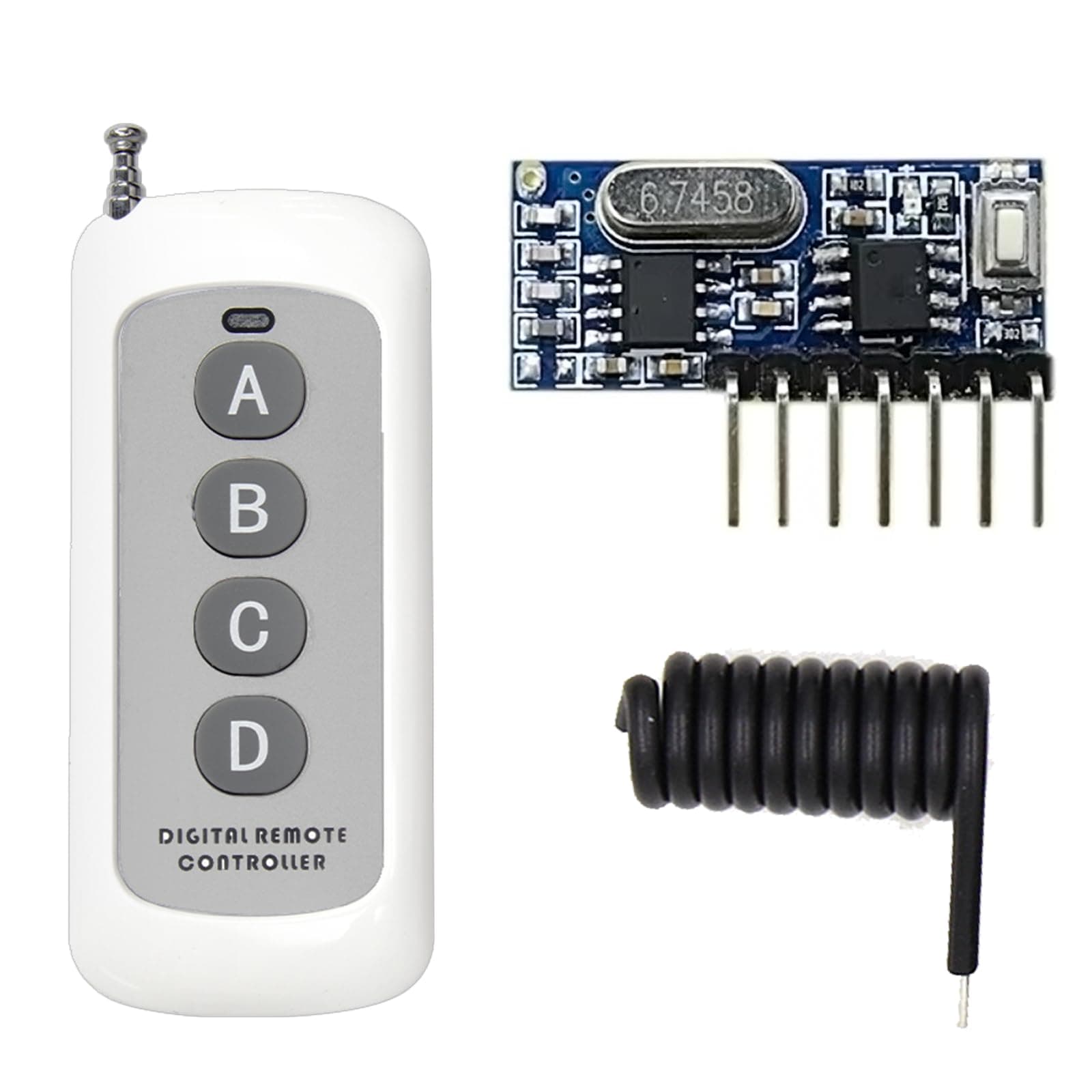 QIACHIP 433MHz Wireless Remote Control Switch Mini Receiver Built-in Learning Code 1527 Decoding 4 Channel Output with 656 FT Long-Distance Remote Control 4-Button Transmitter White