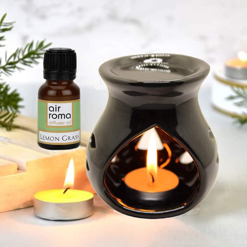 Air Roma Ceramic Aroma Black Diffuser Burner With 10Ml Lemon Grass Oil & 2 Pcs Candles | Strong & Long-Lasting Aroma - Fragrance