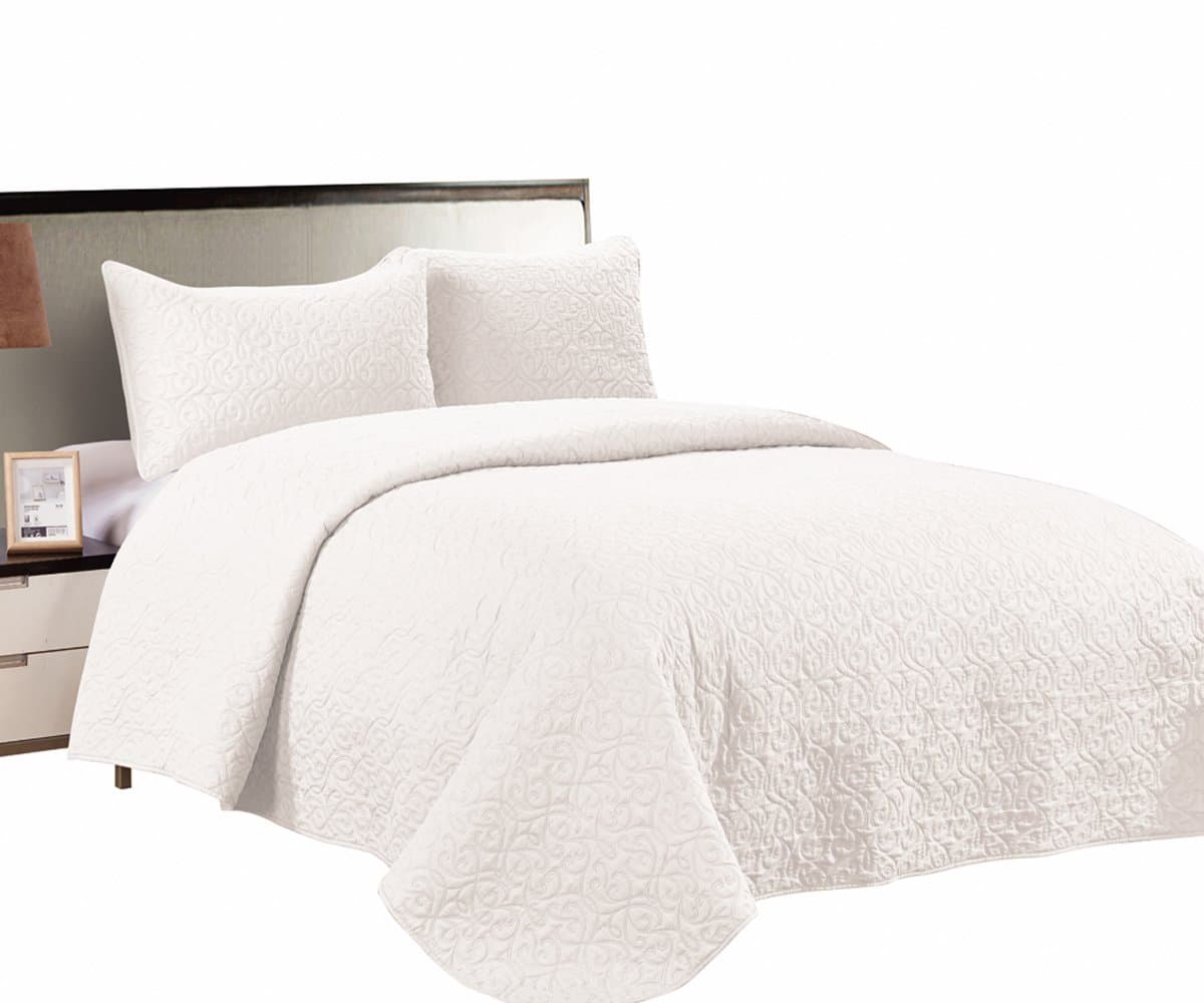 Williom Town Quilt Set 3 PC Solid Color Prewashed Quilted Pattern Coverlet, White, Queen