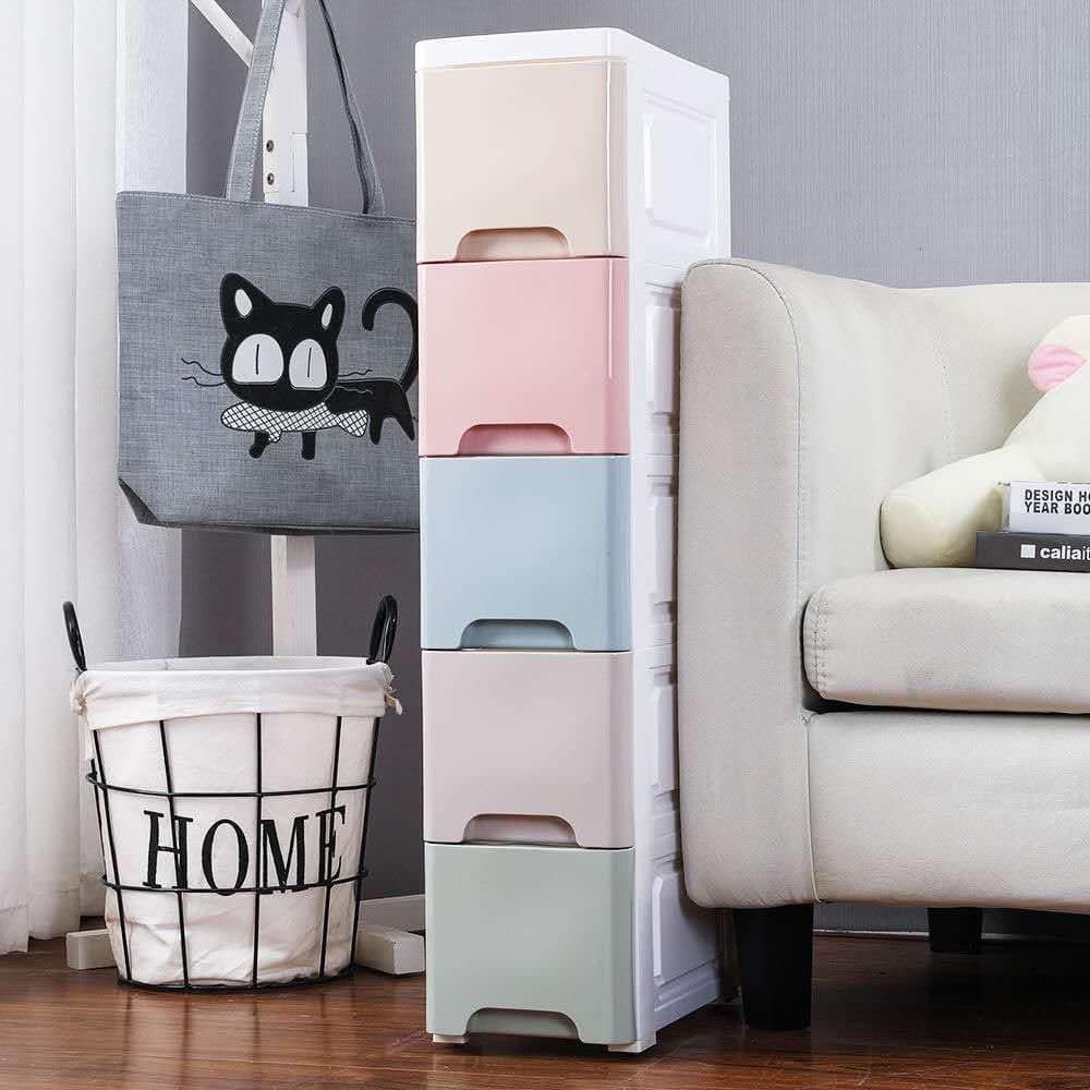 U-HOOME Plastic Drawers Storage Cabinet Kitchen Organizer with 5 Drawers, 20CM Rolling Cart Organizer Plastic Unit on Wheels Narrow Slim Container Cabinet for Small Kitchen Laundry Living Room