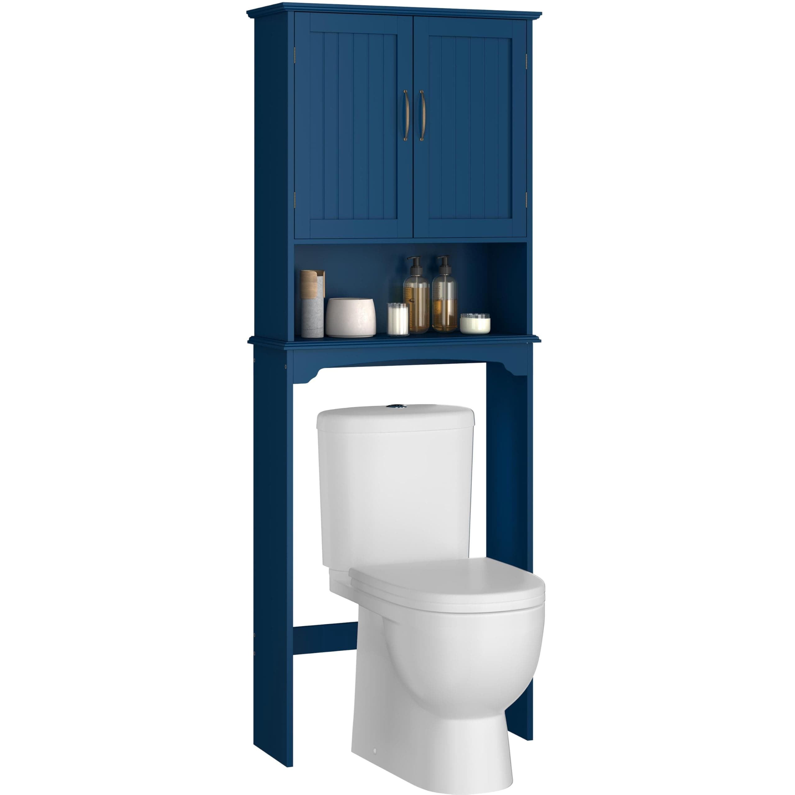 Yaheetech Over The Toilet Storage with 2 Doors & Adjustable Shelf, Free Standing Toilet Rack Wooden Space-Saving Collect Cabinet, Bathroom Furniture, L24.5xW9xH66 in, Navy Blue