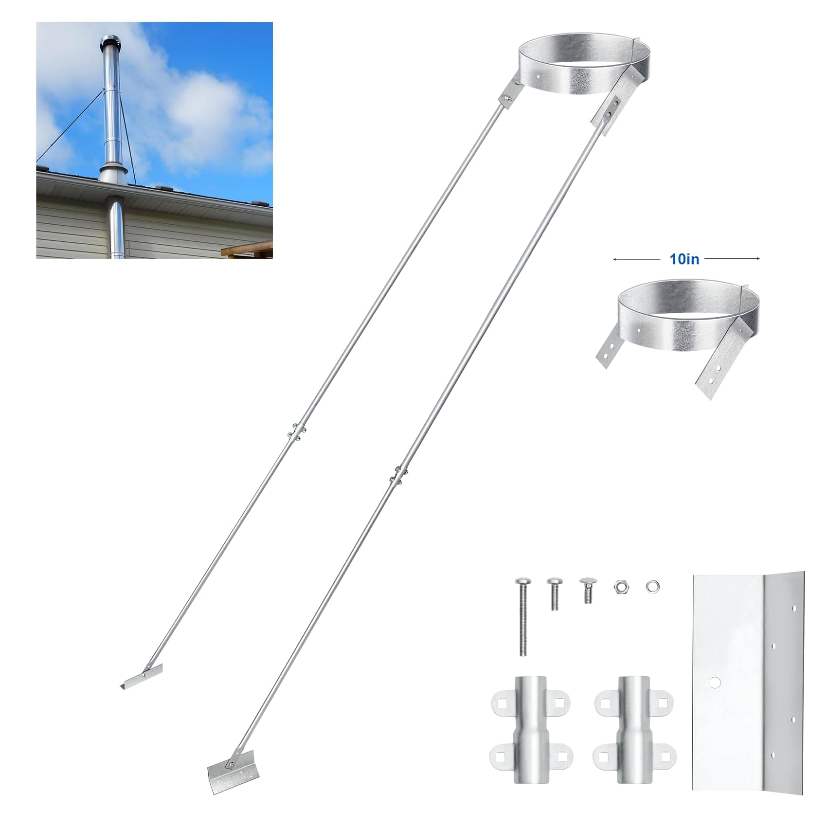 2025 Update Silver Plated High-End Ebusin 10" Extended Roof Bracket Supports Chimney Stove Pipe for DuraVent Triple Wall 6" I.D,Suitable for All Outer Diameters of 10", Stability Against Wind & Snow